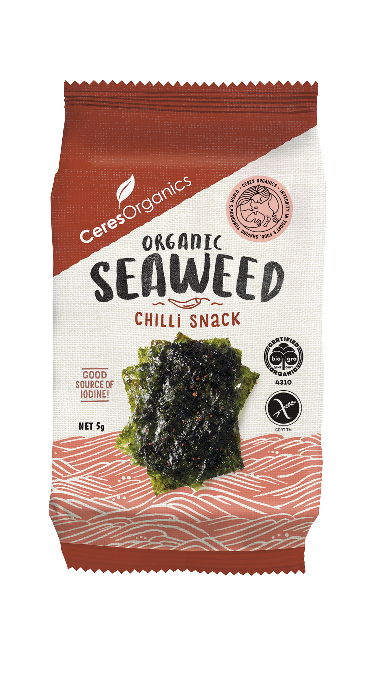Organic Roasted Seaweed, Mild Chilli Nori Snack - 5g