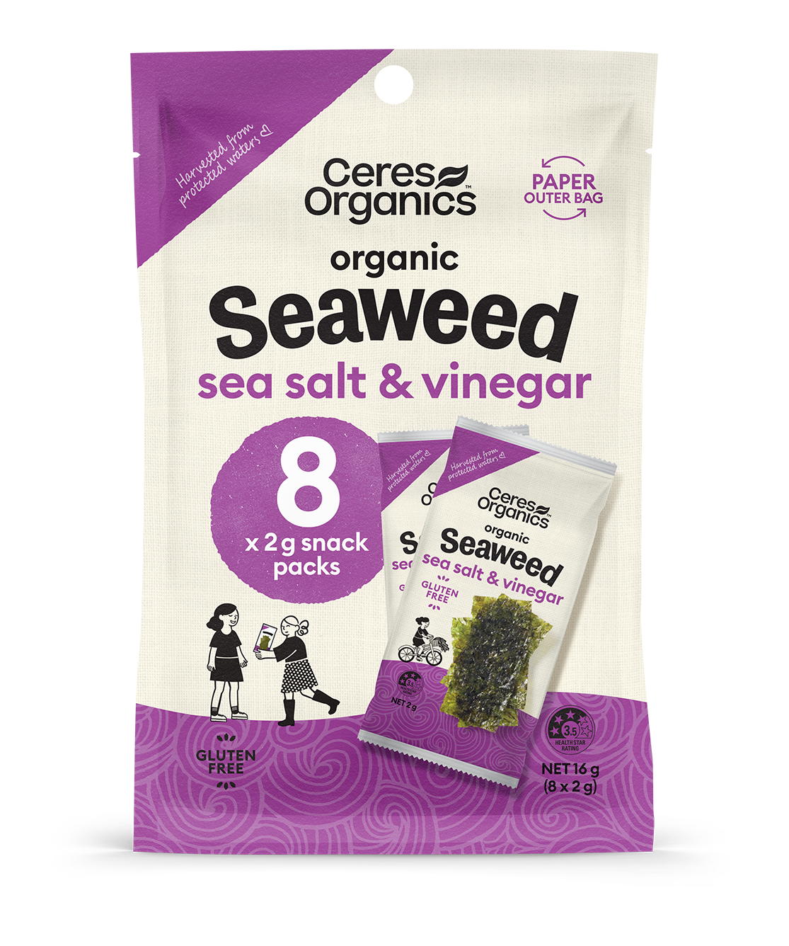 Organic Roasted Seaweed Multipack, Salt & Vinegar Snack, 8x2g - 16g