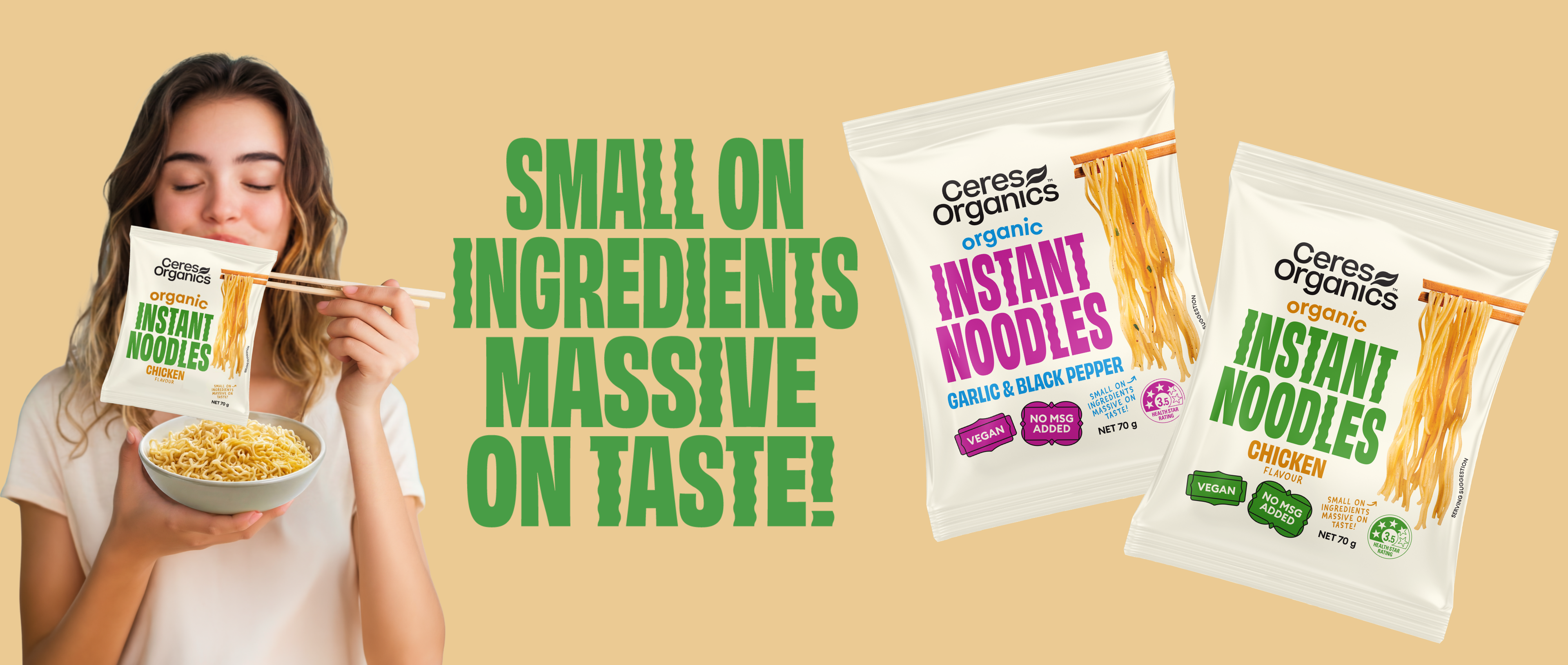 Person eating instant noodles with Ceres Organics packaging around her on a beige background