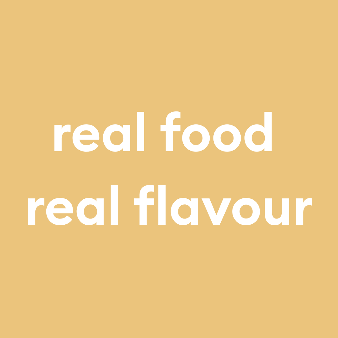 Text 'real food real flavour' on a yellow background