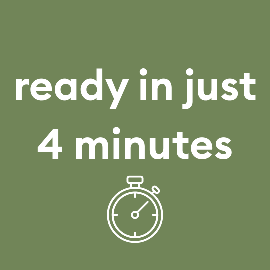 Text 'ready in just 4 minutes' with a stopwatch icon on a green background